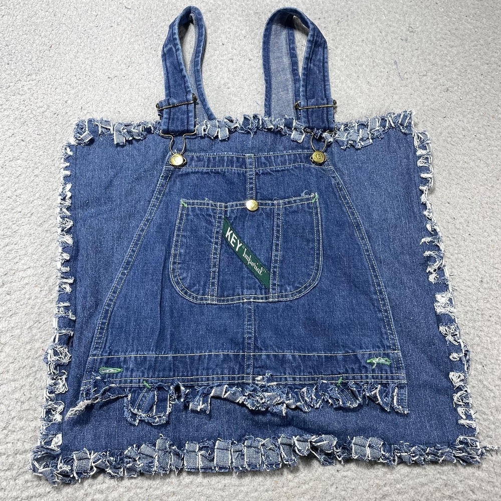 Key Custom Bag Womens One Size Blue Denim Fringe Bib Overall Cropped Adjustable